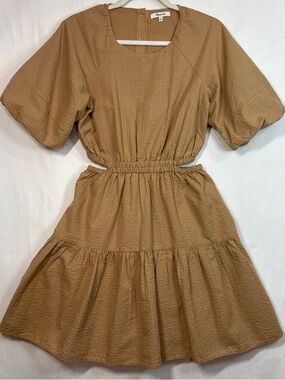 Madewell Camel Puff-Sleeve Tiered Mini Dress